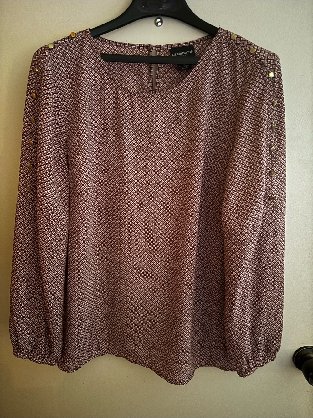 Liz Claiborne Dusty Burgundy Geometric-Print Long Sleeve Blouse